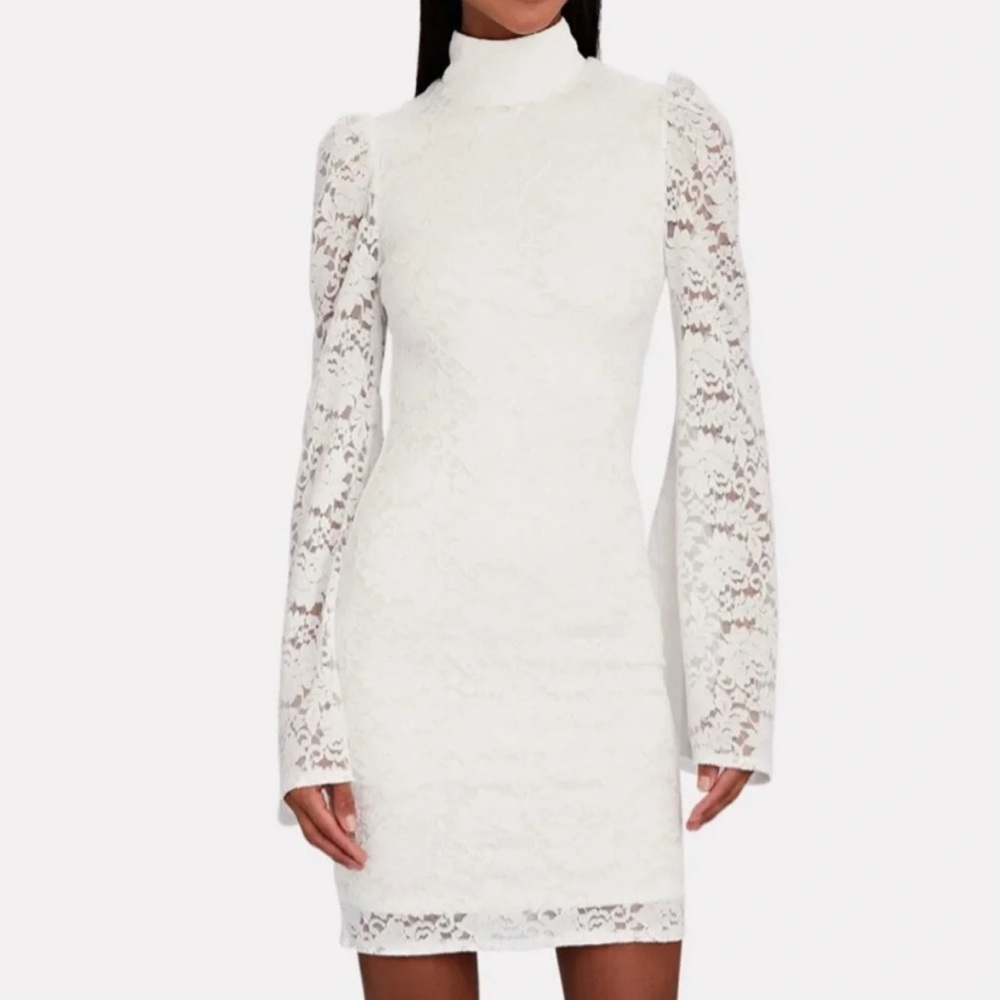 Caroline Constas White Lace Long-Sleeve High-Neck Mini Dress